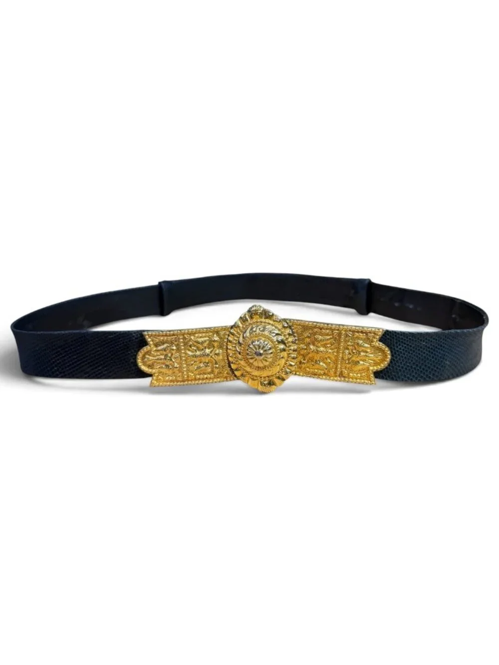 Judith Leiber Venetian Style Belt Black Snakeskin Gold Tone Metal Double Buckle